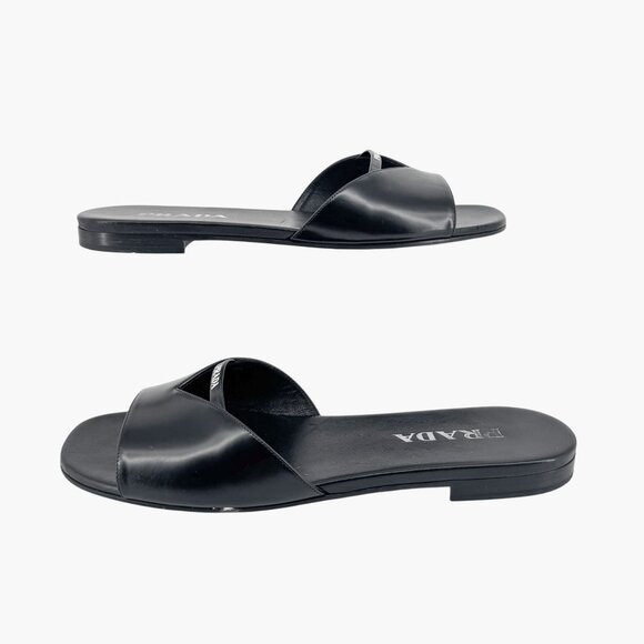 Prada Black Leather Triangle Logo Cutout Mule Slide Sandal Flat Size 39.5 US 9.5 - Picture 8 of 15